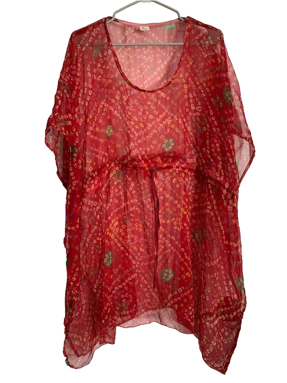 7 ISLANDS Women's Sheer Red Gold Purple Green Print Elastic Tie Waist Kimono